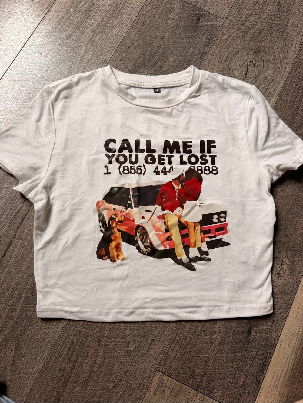 White Graphic Crop Top — 'Call Me If You Get Lost' Print